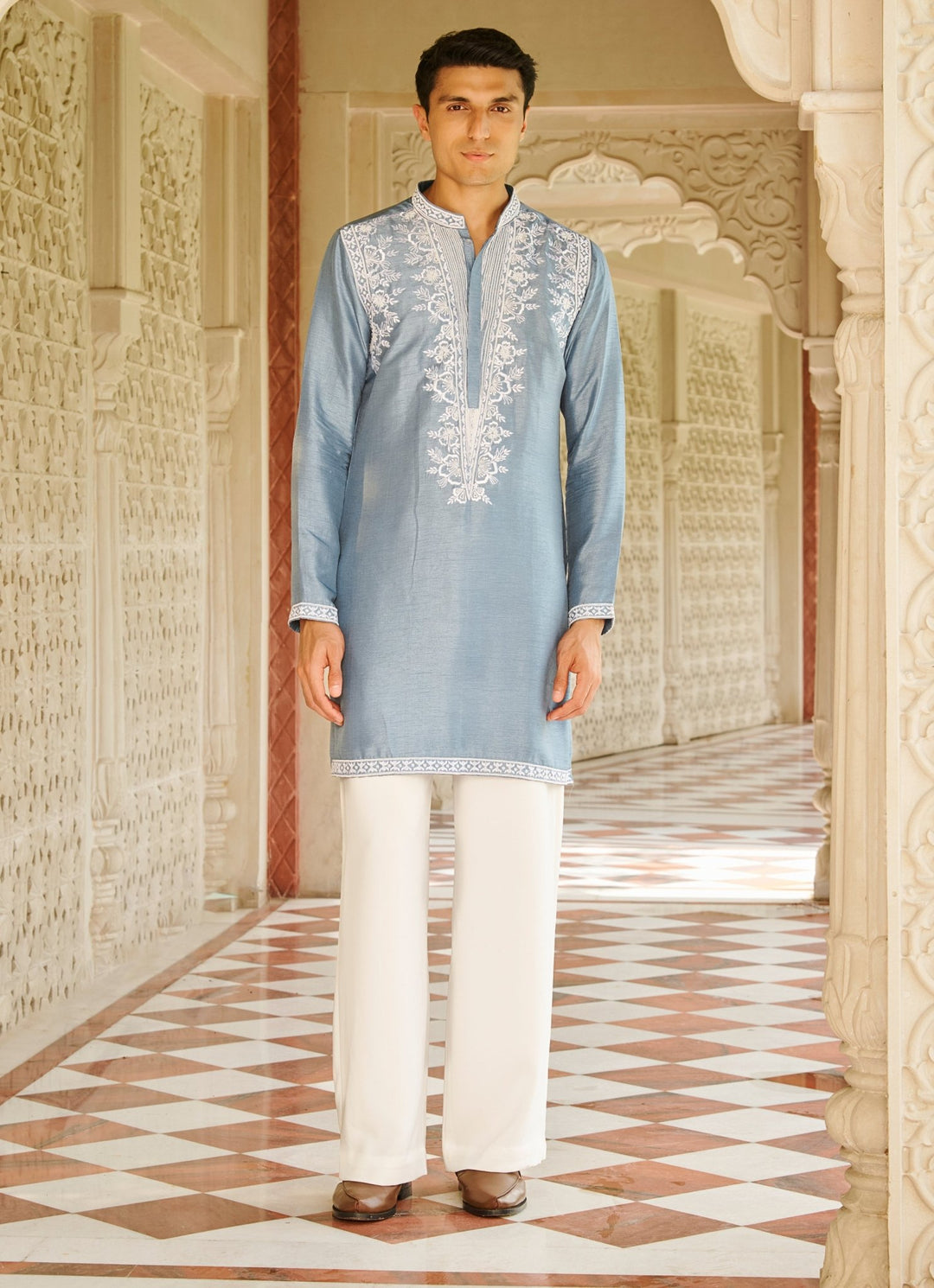 Denim Blue Embroidered Silk Kurta Set Contrast By Parth - Fabilicious Fashion