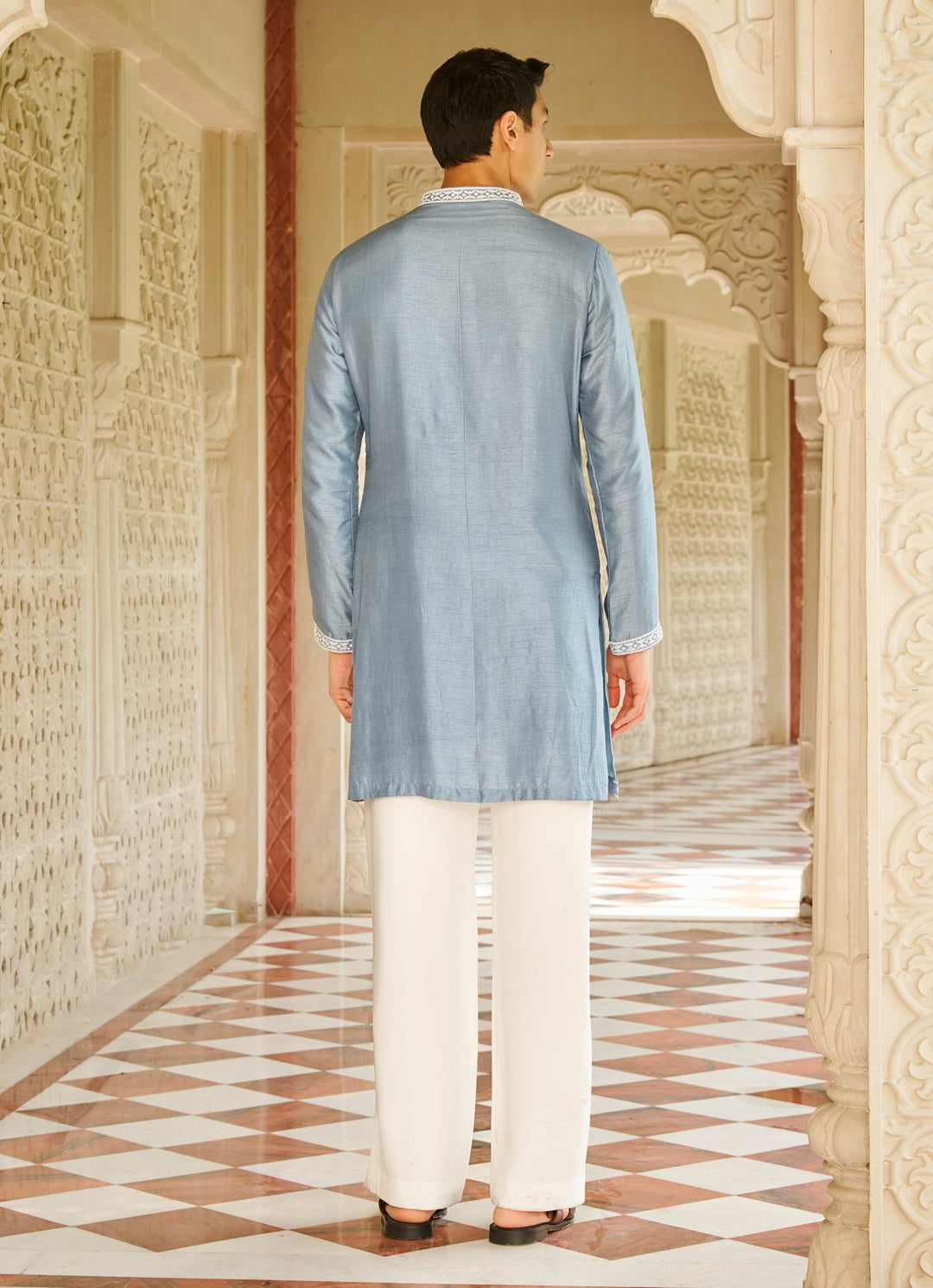 Denim Blue Embroidered Silk Kurta Set Contrast By Parth - Fabilicious Fashion