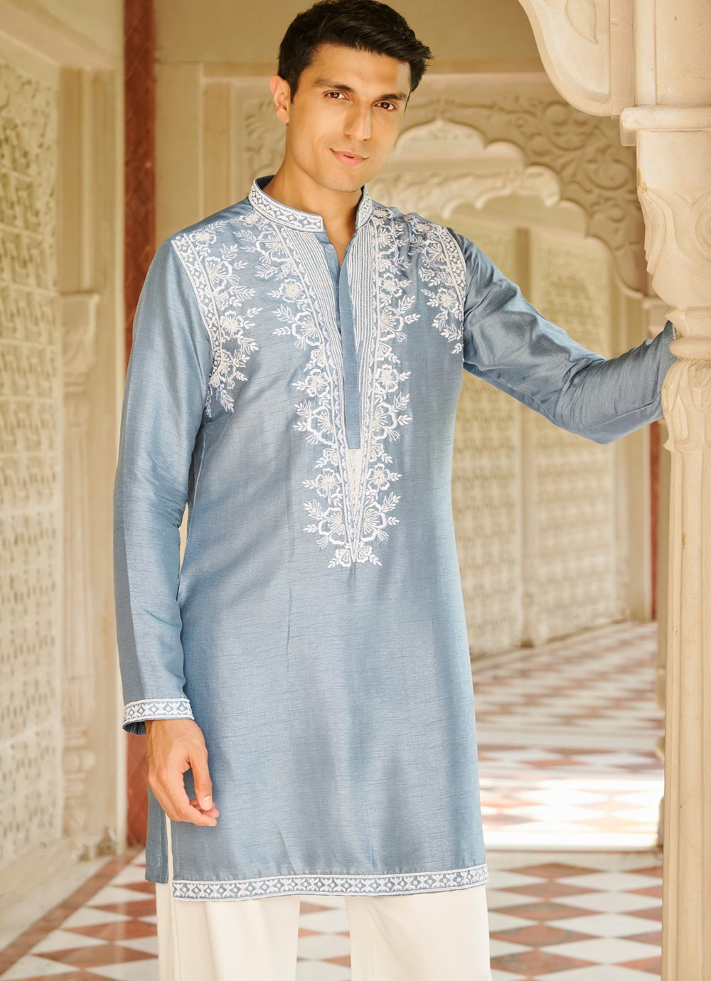 Denim Blue Embroidered Silk Kurta Set Contrast By Parth - Fabilicious Fashion