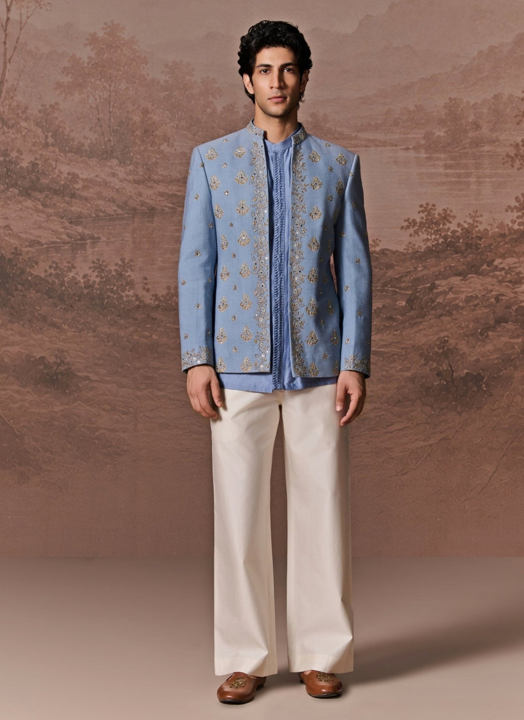 Contrast by Parth Denim Blue Textured Silk Jacket SetFabilicious Fashion