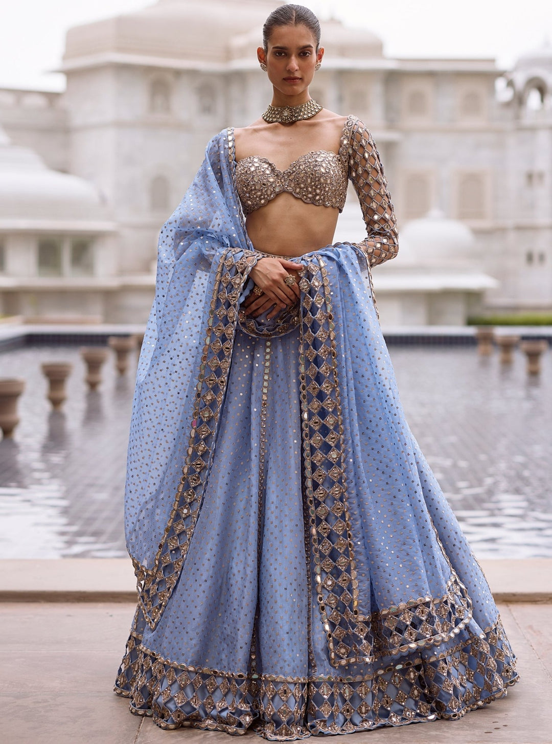 Vvani by Vani Vats Dew Blue Cutwork Organza LehengaFabilicious Fashion
