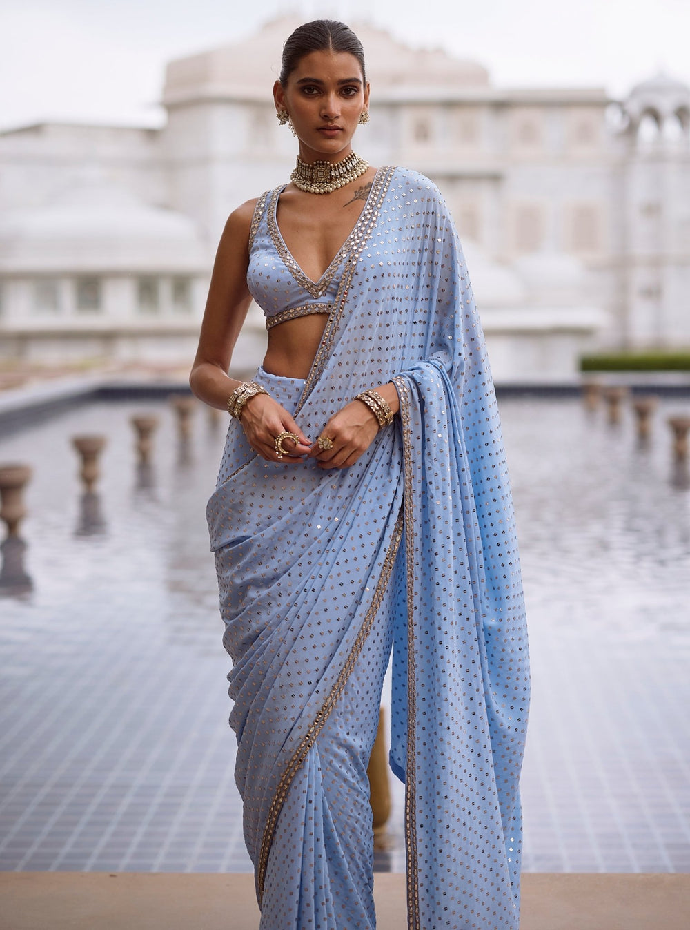 Vvani by Vani Vats Dew Blue Embroidered Crepe Pre-Draped SareeFabilicious Fashion