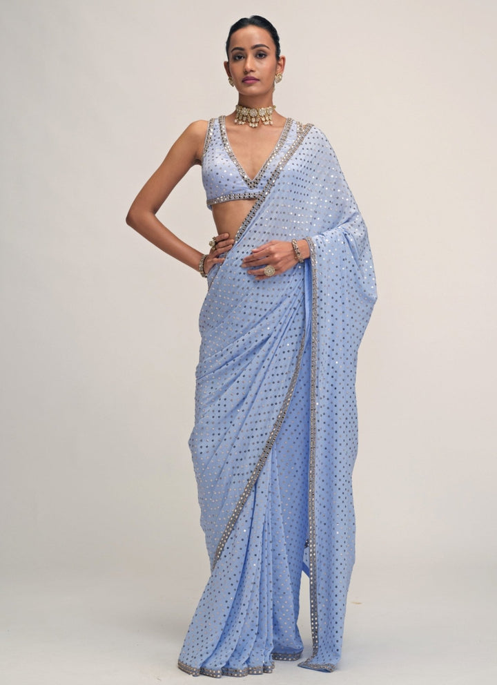 Vvani by Vani Vats Dew Blue Embroidered Crepe Pre-Draped SareeFabilicious Fashion