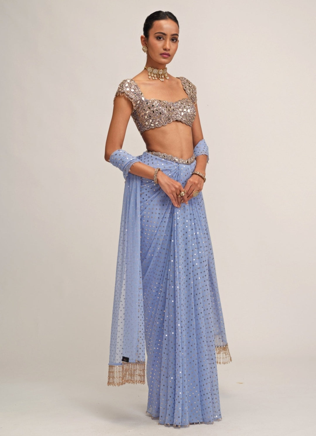 Vvani by Vani Vats Dew Blue Georgette Draped SkirtFabilicious Fashion