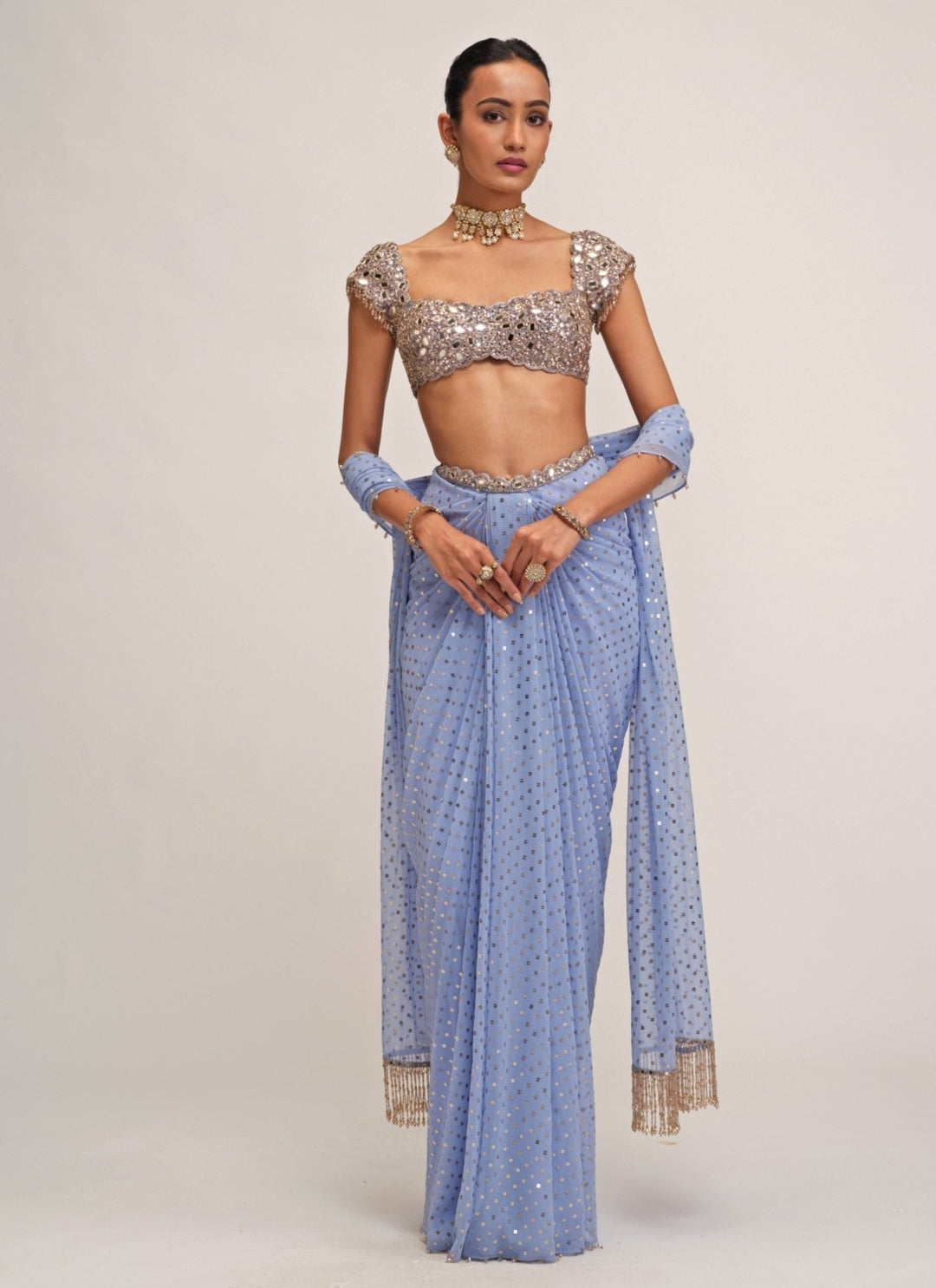 Vvani by Vani Vats Dew Blue Georgette Draped SkirtFabilicious Fashion