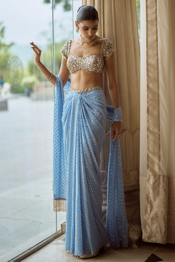 Dew blue georgette draped skirt by Vvani by Vani Vats