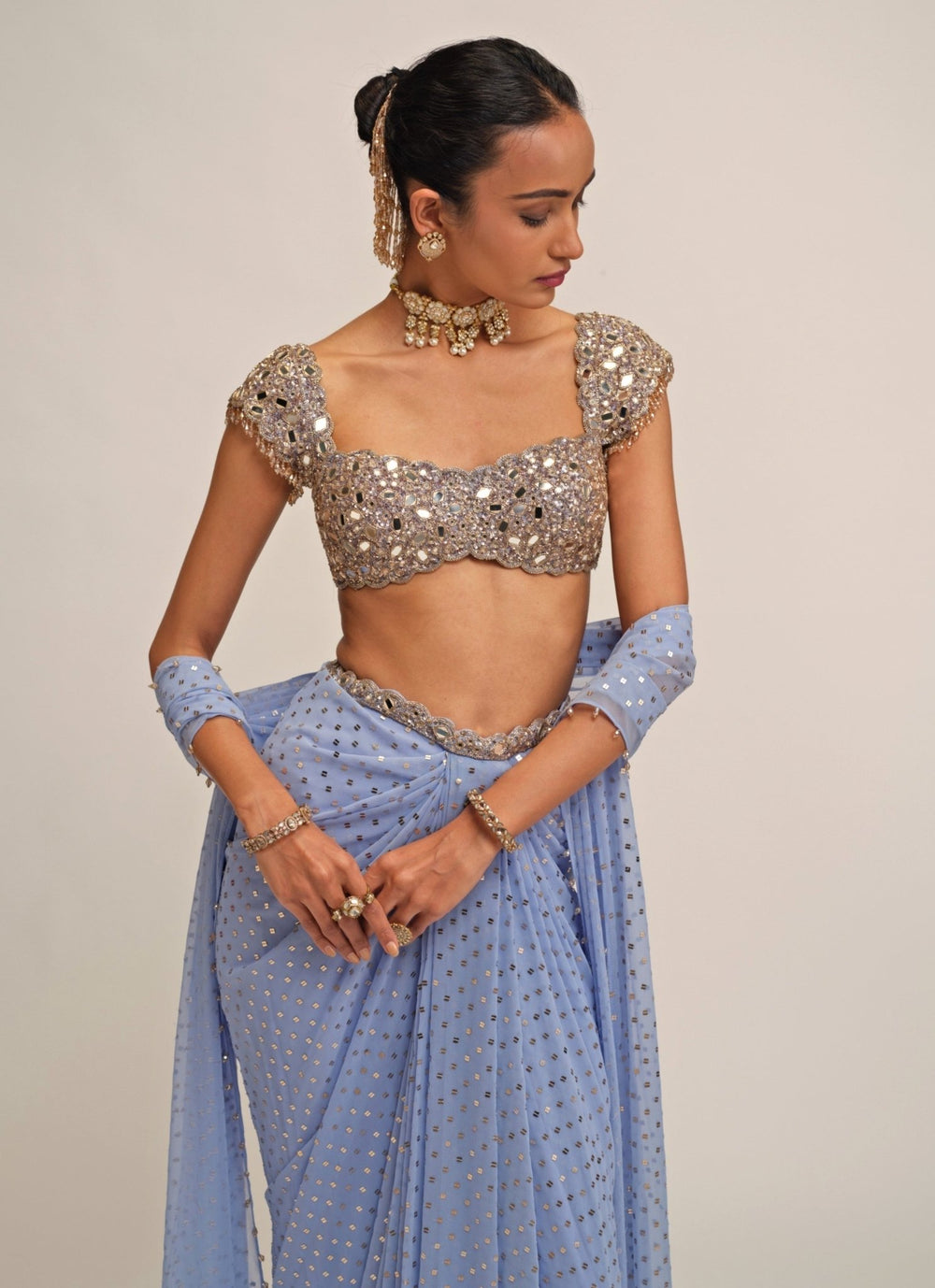 Vvani by Vani Vats Dew Blue Georgette Draped SkirtFabilicious Fashion