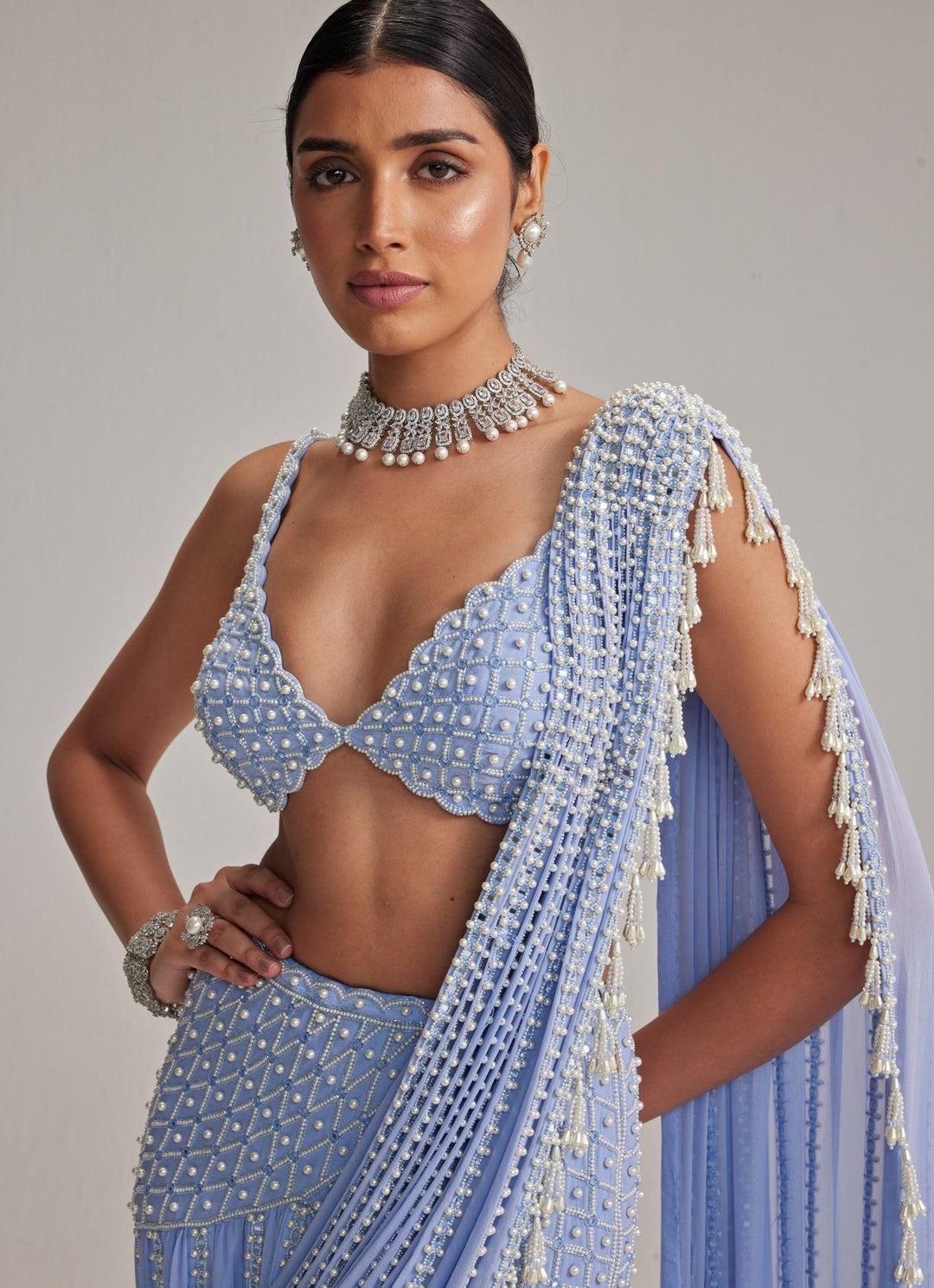 Dew Blue Georgette Pre Draped Saree With Pearl Blouse Vvani by Vani Vats - Fabilicious Fashion