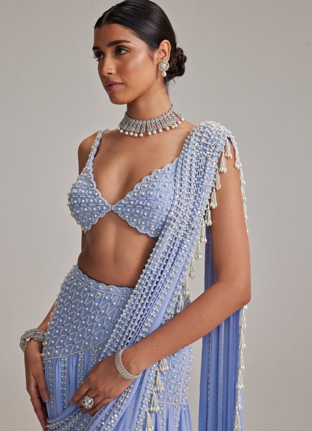 Dew Blue Georgette Pre Draped Saree With Pearl Blouse Vvani by Vani Vats - Fabilicious Fashion