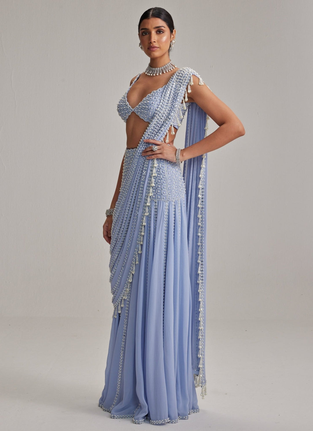 Dew Blue Georgette Pre Draped Saree With Pearl Blouse Vvani by Vani Vats - Fabilicious Fashion
