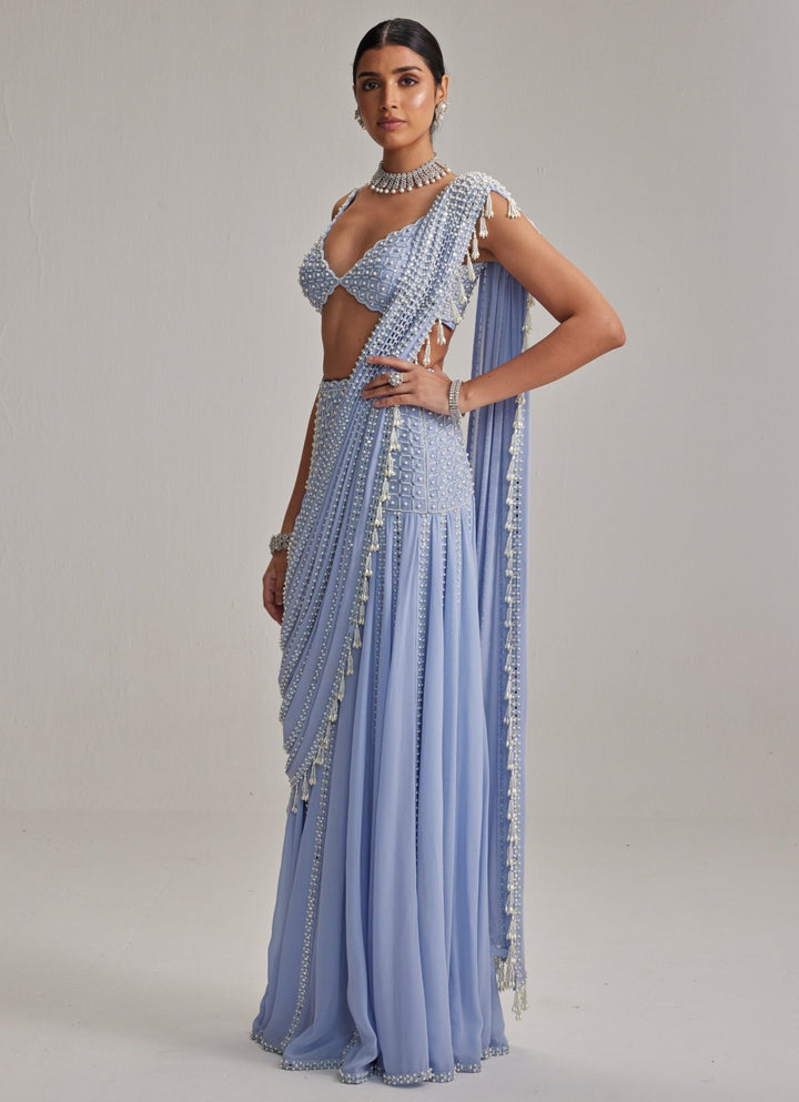 Dew Blue Georgette Pre Draped Saree With Pearl Blouse Vvani by Vani Vats - Fabilicious Fashion