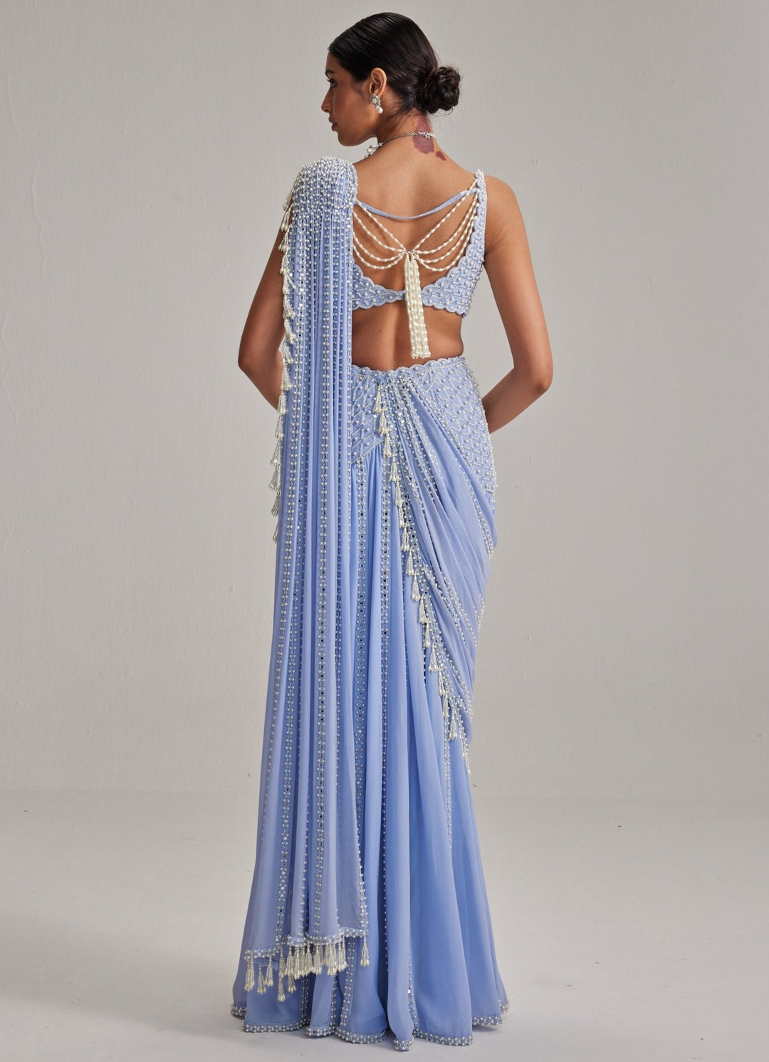 Dew Blue Georgette Pre Draped Saree With Pearl Blouse Vvani by Vani Vats - Fabilicious Fashion