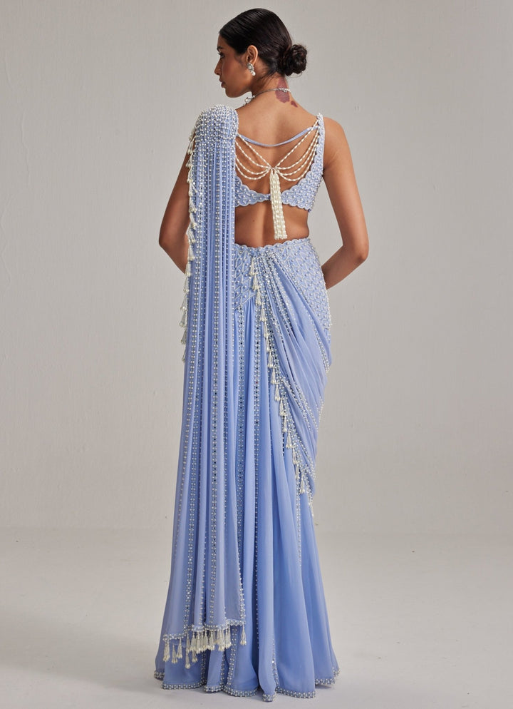 Dew Blue Georgette Pre Draped Saree With Pearl Blouse Vvani by Vani Vats - Fabilicious Fashion