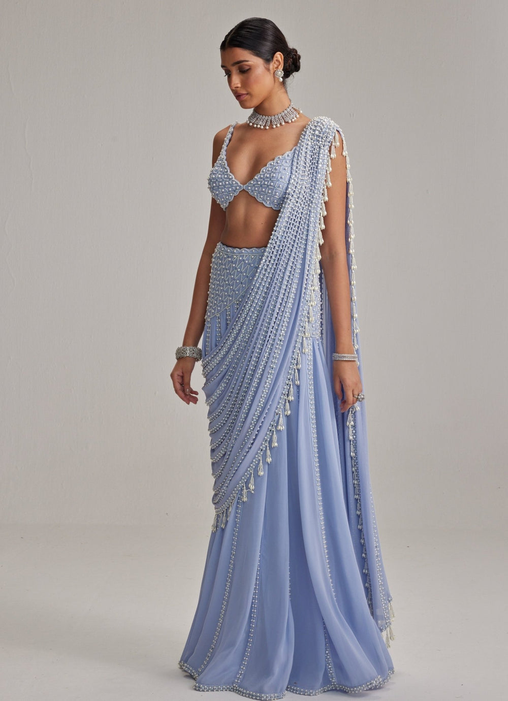 Dew Blue Georgette Pre Draped Saree With Pearl Blouse Vvani by Vani Vats - Fabilicious Fashion