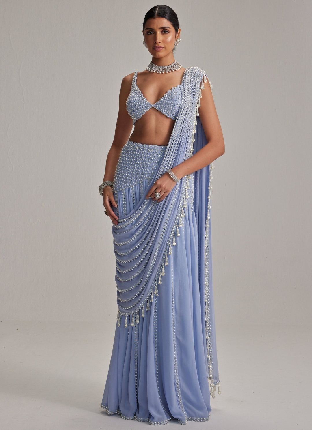 Dew Blue Georgette Pre Draped Saree With Pearl Blouse Vvani by Vani Vats - Fabilicious Fashion