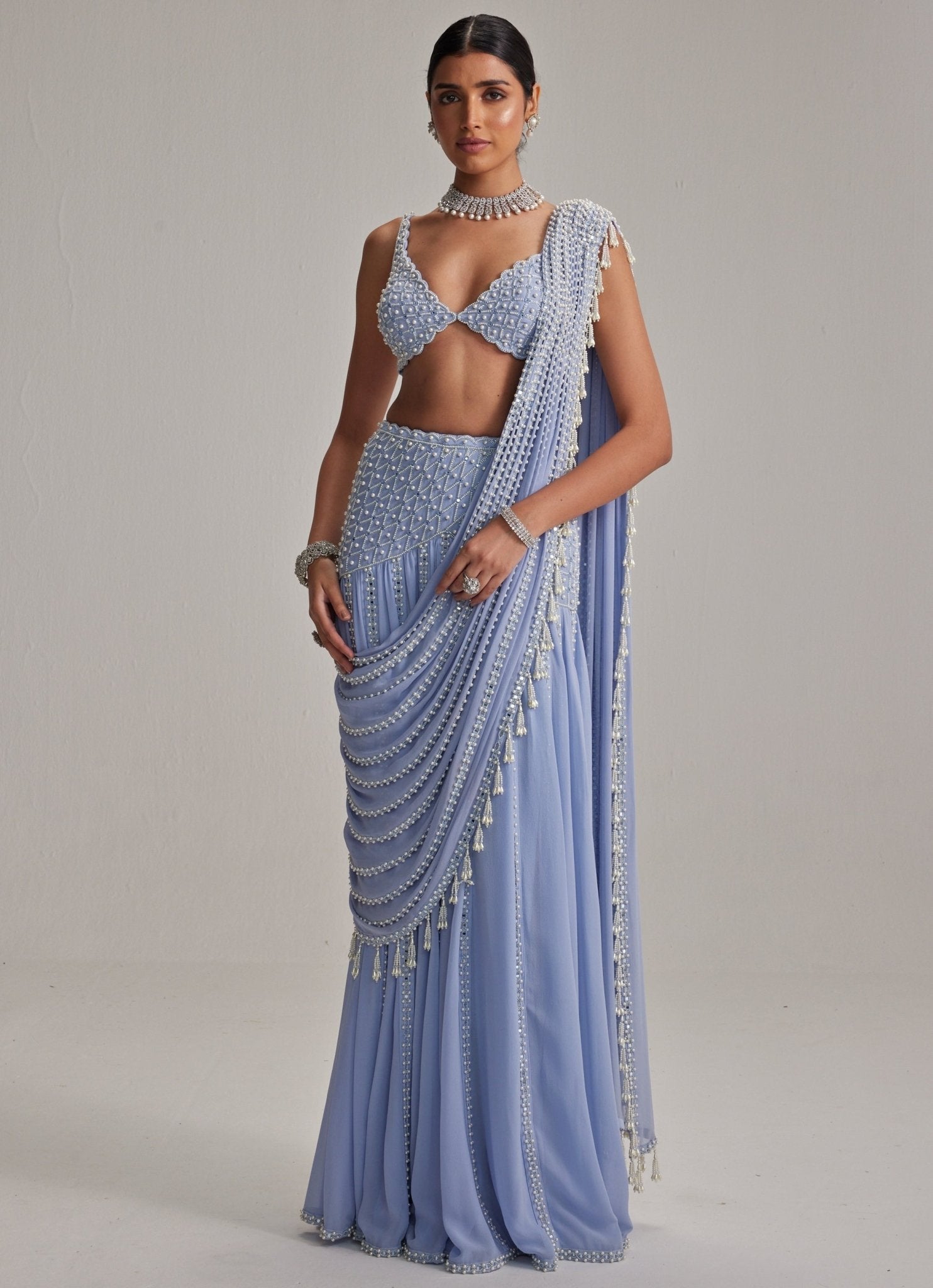 Dew blue pre draped saree with pearl blouse for wedding guest and cocktail functions