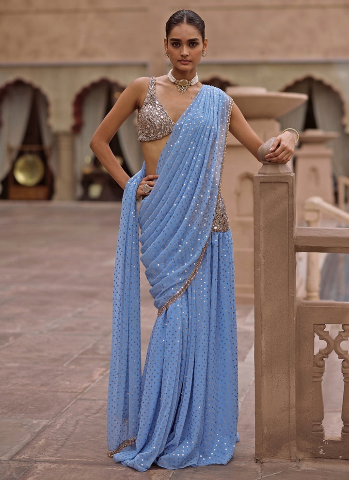 Vvani by Vani Vats Dew Blue Georgette Pre-Draped SareeFabilicious Fashion