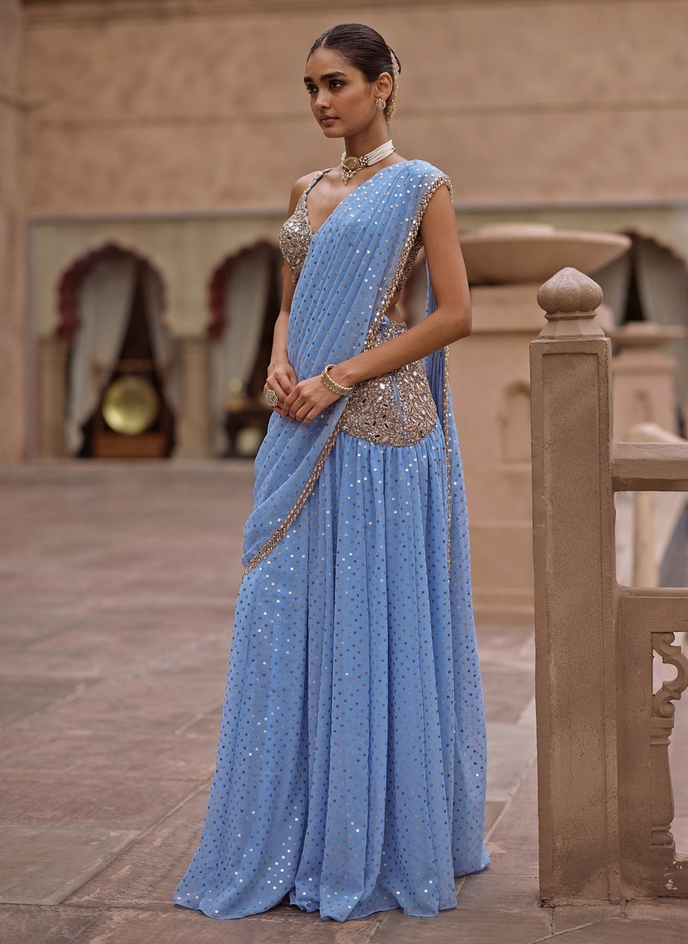 Vvani by Vani Vats Dew Blue Georgette Pre-Draped SareeFabilicious Fashion