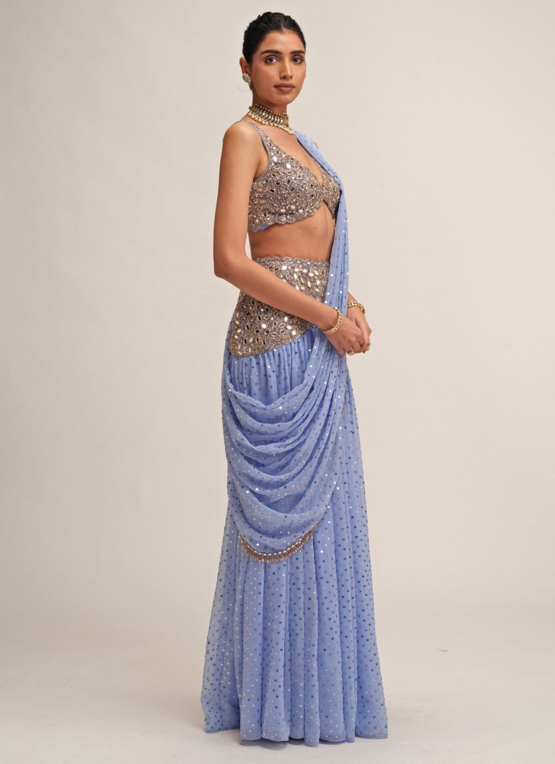 Vvani by Vani Vats Dew Blue Georgette Pre-Draped SareeFabilicious Fashion