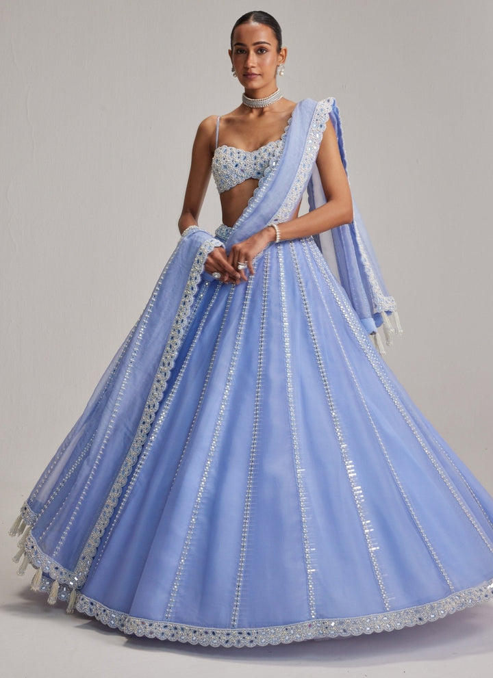 Vvani by Vani Vats Dew Blue Mirrorwork Organza LehengaFabilicious Fashion