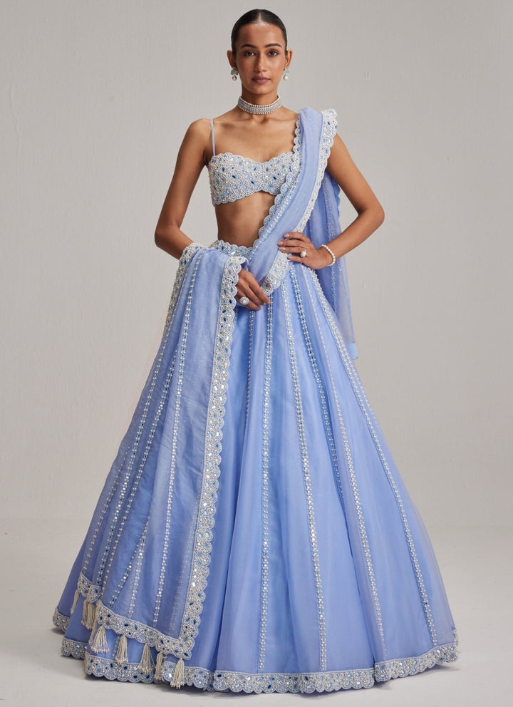 Vvani by Vani Vats Dew Blue Mirrorwork Organza LehengaFabilicious Fashion