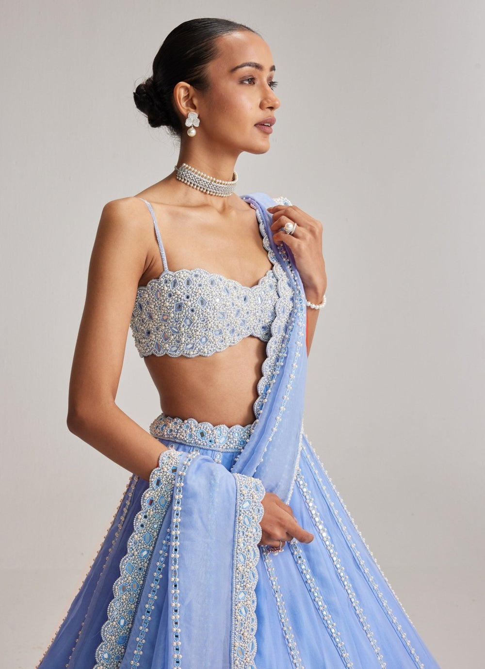 Vvani by Vani Vats Dew Blue Mirrorwork Organza LehengaFabilicious Fashion