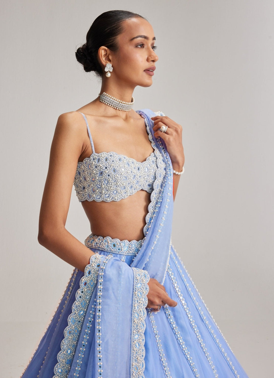 Vvani by Vani Vats Dew Blue Mirrorwork Organza LehengaFabilicious Fashion
