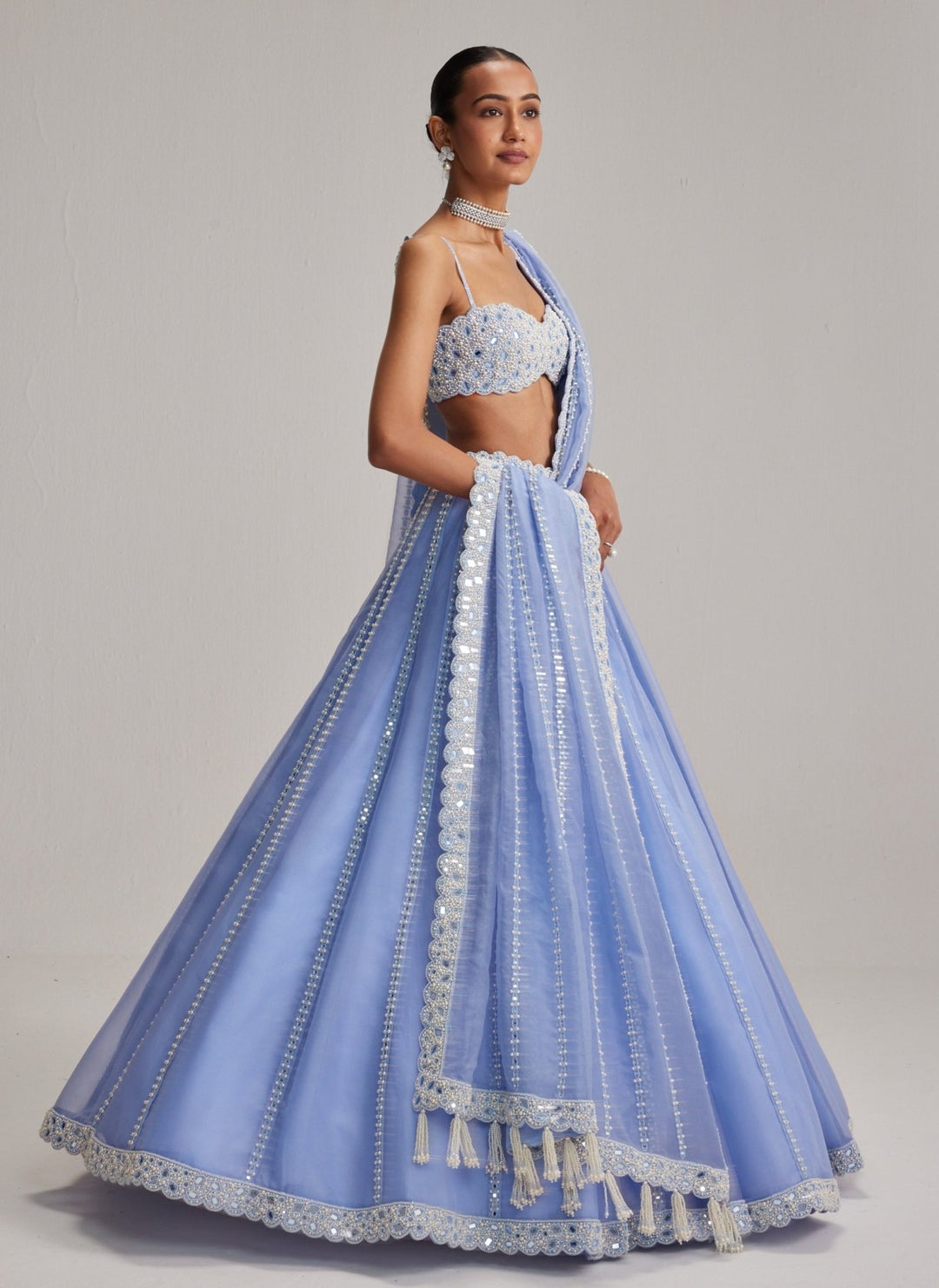 Vvani by Vani Vats Dew Blue Mirrorwork Organza LehengaFabilicious Fashion