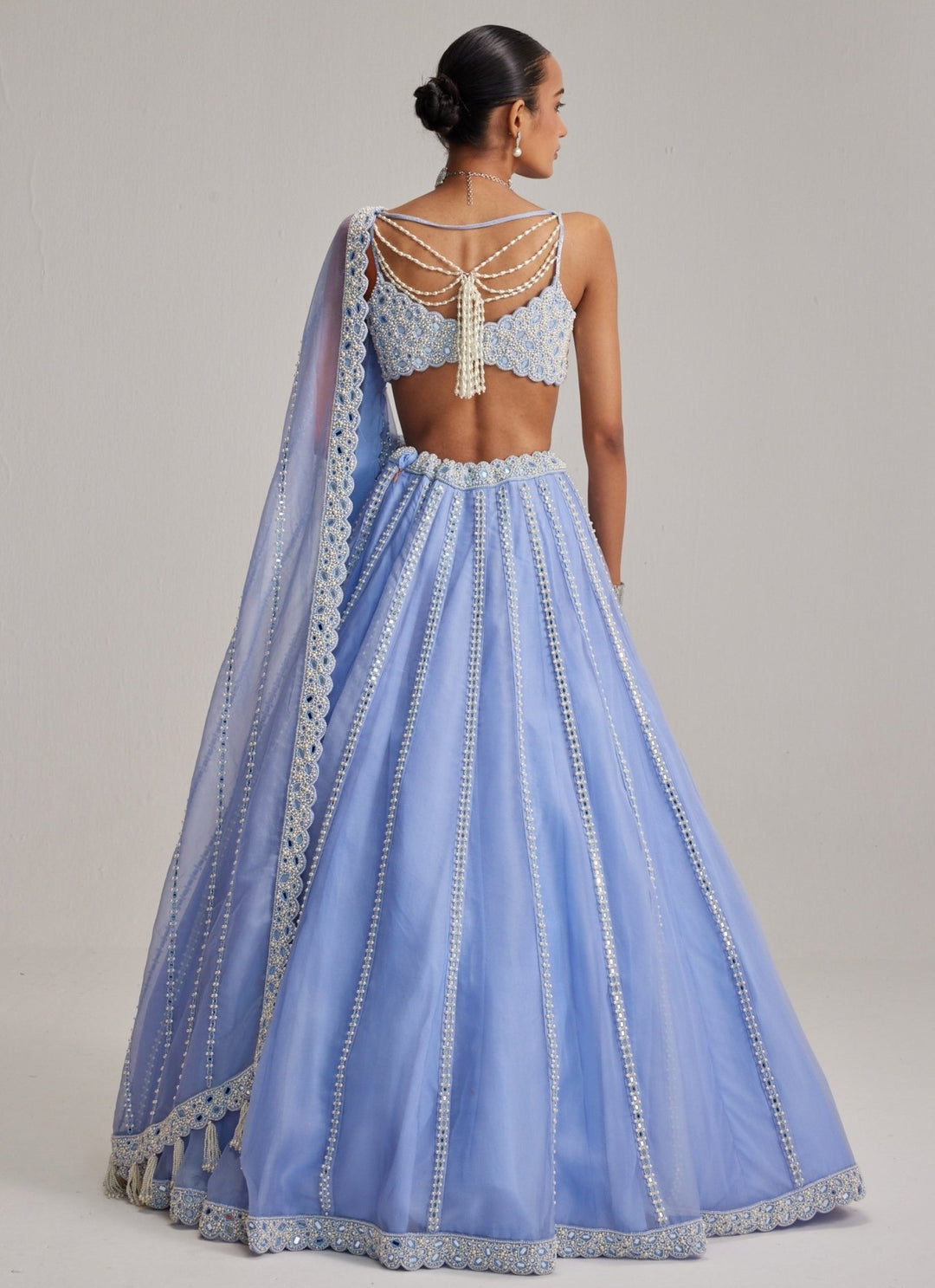 Vvani by Vani Vats Dew Blue Mirrorwork Organza LehengaFabilicious Fashion