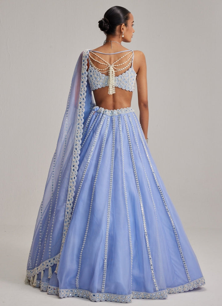 Vvani by Vani Vats Dew Blue Mirrorwork Organza LehengaFabilicious Fashion