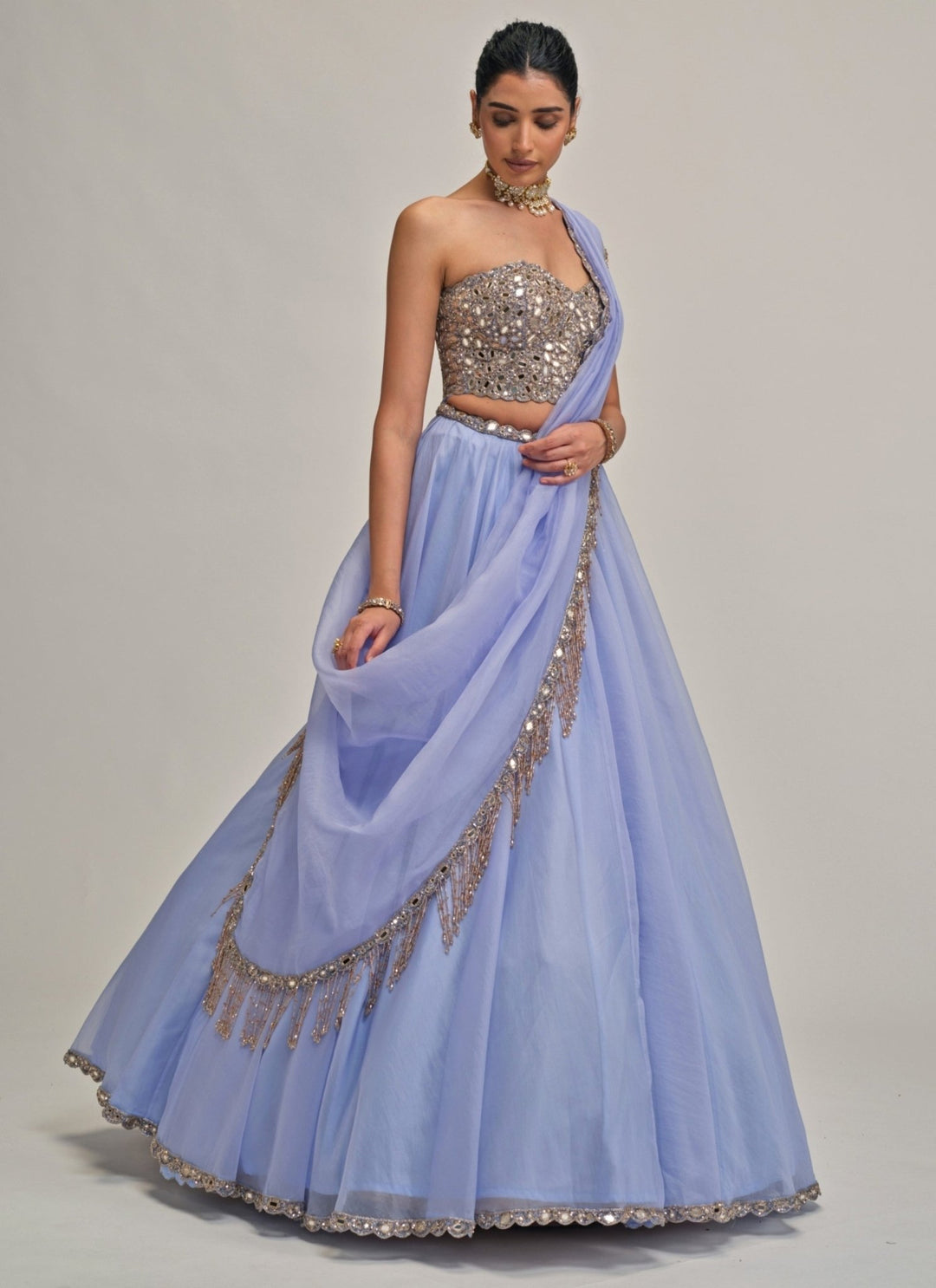 Vvani by Vani Vats Dew Blue Organza Corset LehengaFabilicious Fashion