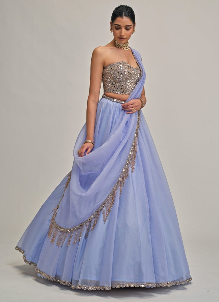 Vvani by Vani Vats Dew Blue Organza Corset LehengaFabilicious Fashion