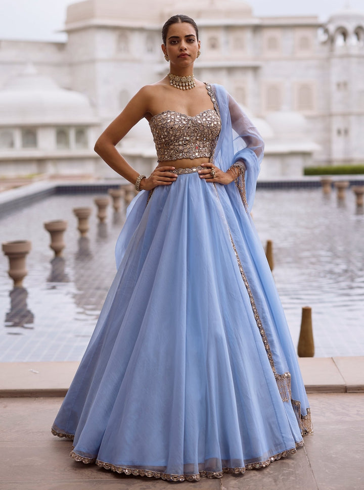 Vvani by Vani Vats Dew Blue Organza Corset LehengaFabilicious Fashion