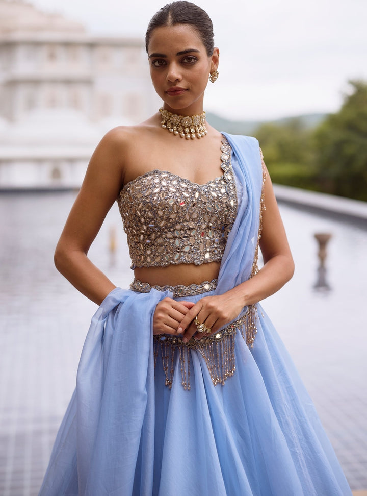 Vvani by Vani Vats Dew Blue Organza Corset LehengaFabilicious Fashion