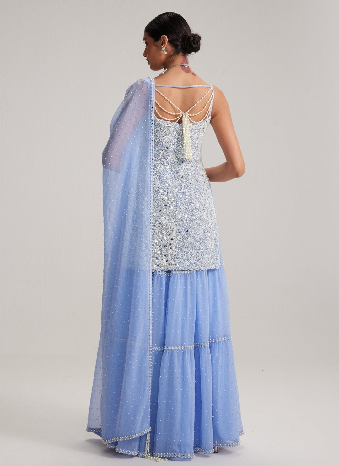 Vvani by Vani Vats Dew Blue Pearl Embroidered Georgette Kurta Sharara SetFabilicious Fashion