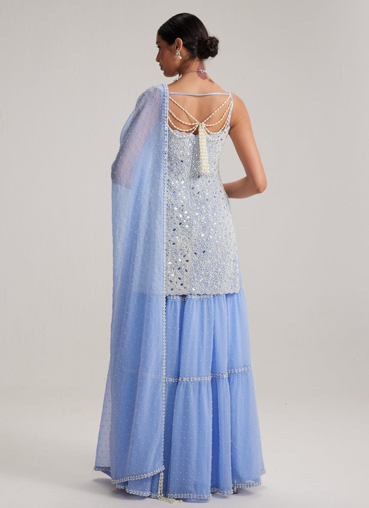 Vvani by Vani Vats Dew Blue Pearl Embroidered Georgette Kurta Sharara SetFabilicious Fashion