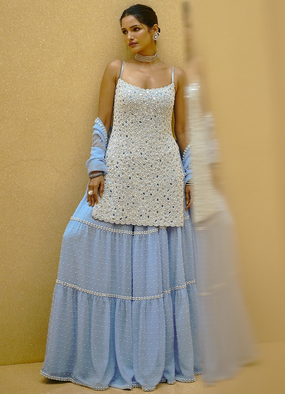 Dew Blue Pearl Embroidered Georgette Kurta Sharara Set Vvani by Vani Vats - Fabilicious Fashion