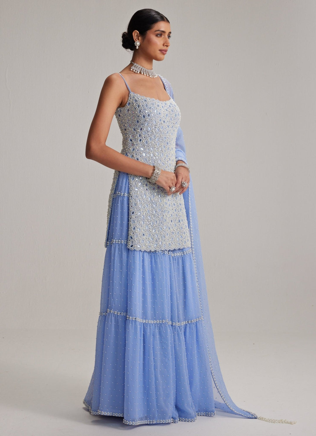 Dew Blue Pearl Embroidered Georgette Kurta Sharara Set Vvani by Vani Vats - Fabilicious Fashion