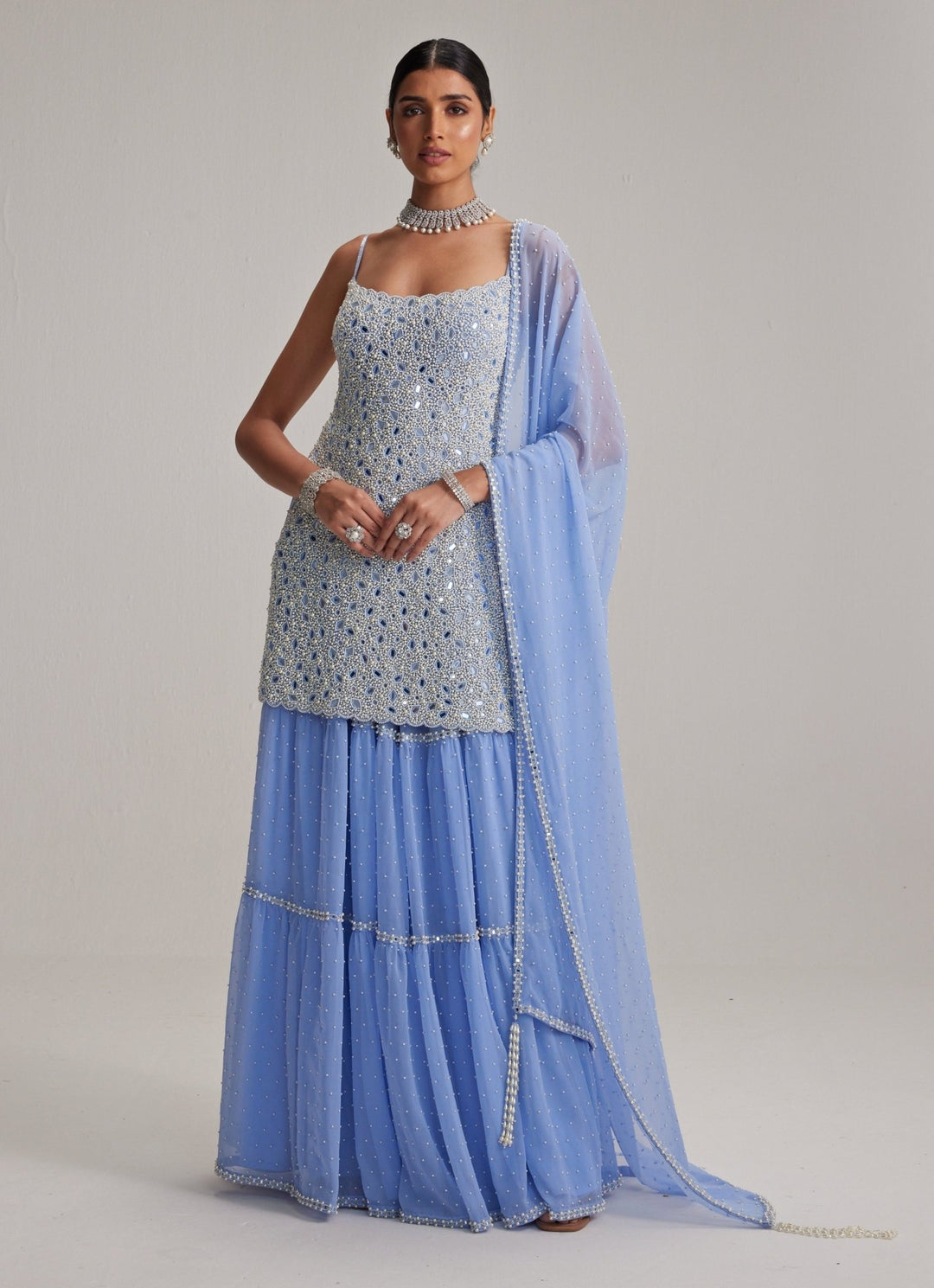 Dew Blue Pearl Embroidered Georgette Kurta Sharara Set Vvani by Vani Vats - Fabilicious Fashion