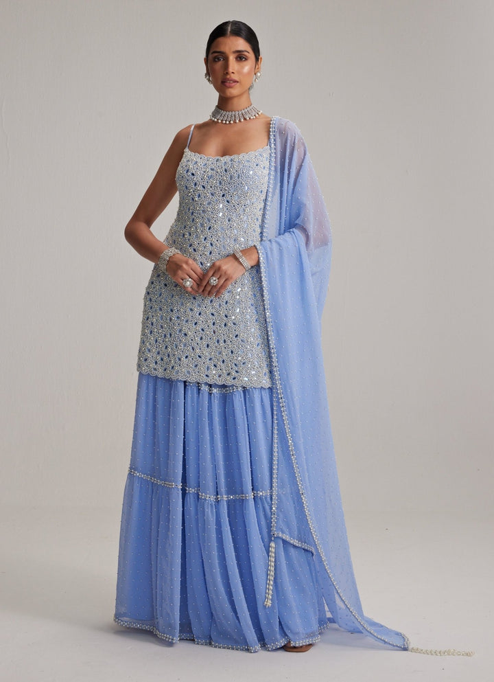 Dew Blue Pearl Embroidered Georgette Kurta Sharara Set Vvani by Vani Vats - Fabilicious Fashion