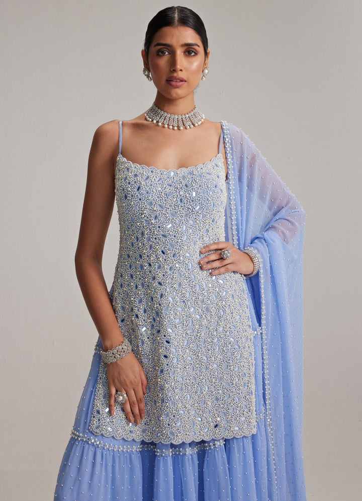 Dew Blue Pearl Embroidered Georgette Kurta Sharara Set Vvani by Vani Vats - Fabilicious Fashion