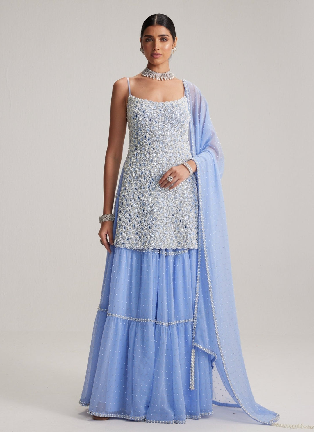 Vvani by Vani Vats Dew Blue Pearl Embroidered Georgette Kurta Sharara SetFabilicious Fashion