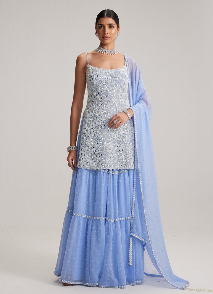 Vvani by Vani Vats Dew Blue Pearl Embroidered Georgette Kurta Sharara SetFabilicious Fashion