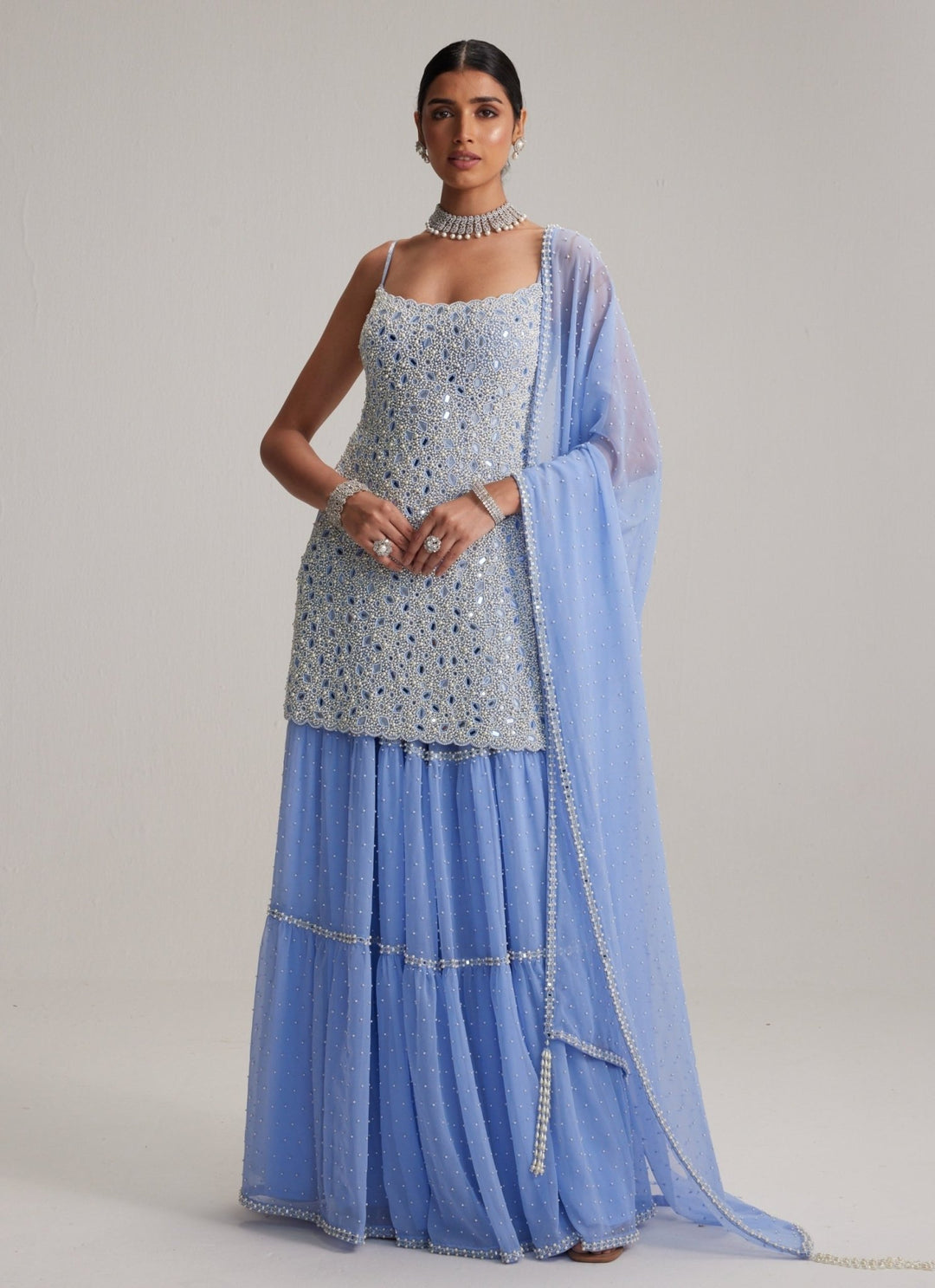 Vvani by Vani Vats Dew Blue Pearl Embroidered Georgette Kurta Sharara SetFabilicious Fashion
