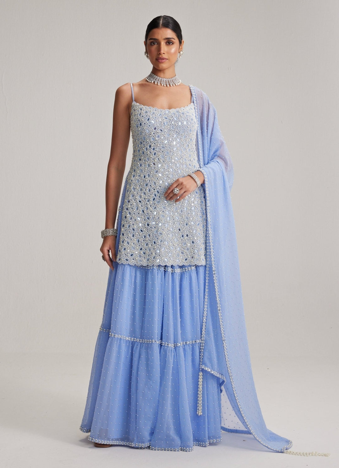 Dew Blue Pearl Embroidered Georgette Kurta Sharara Set Vvani by Vani Vats - Fabilicious Fashion