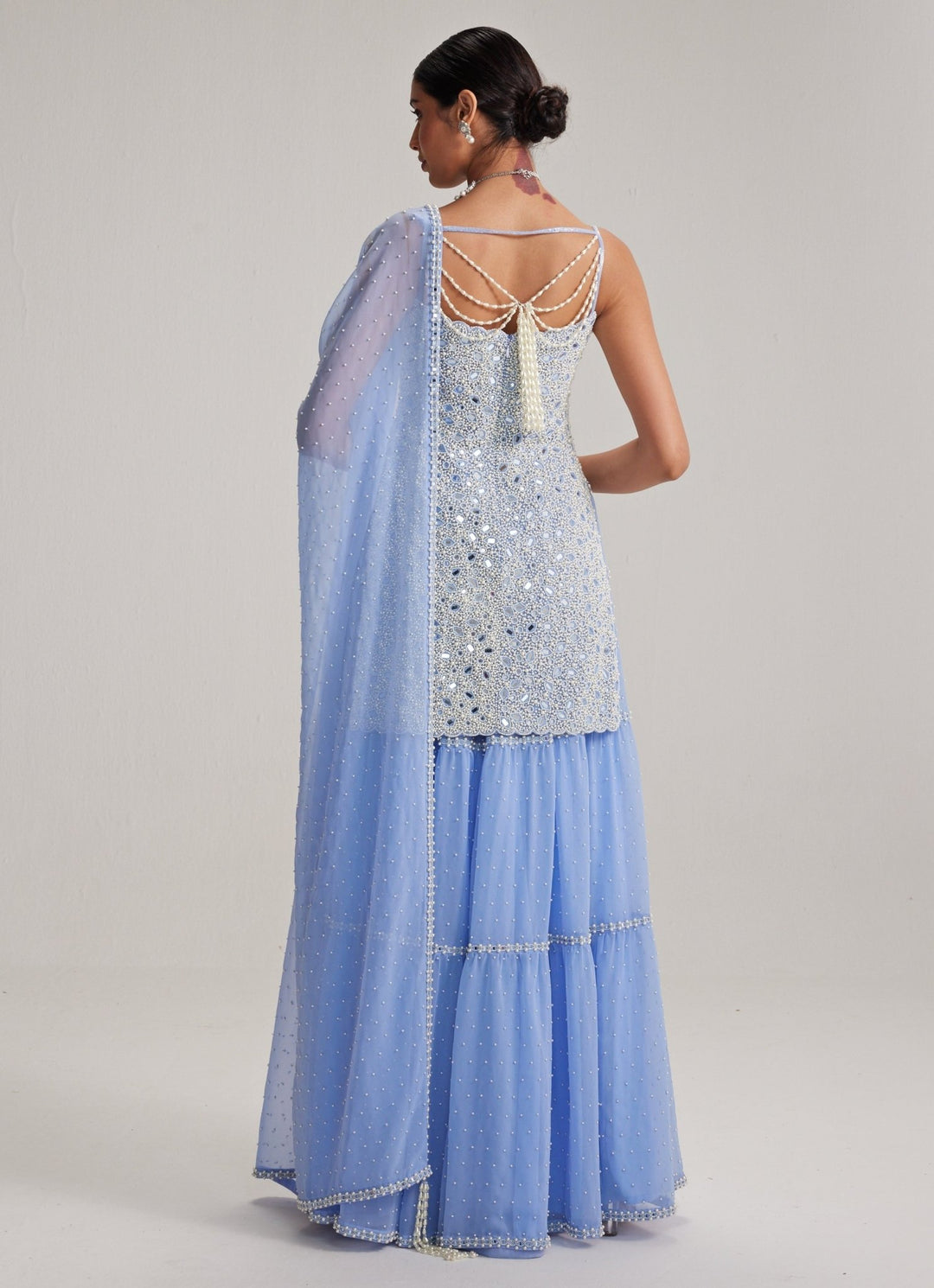 Dew Blue Pearl Embroidered Georgette Kurta Sharara Set Vvani by Vani Vats - Fabilicious Fashion
