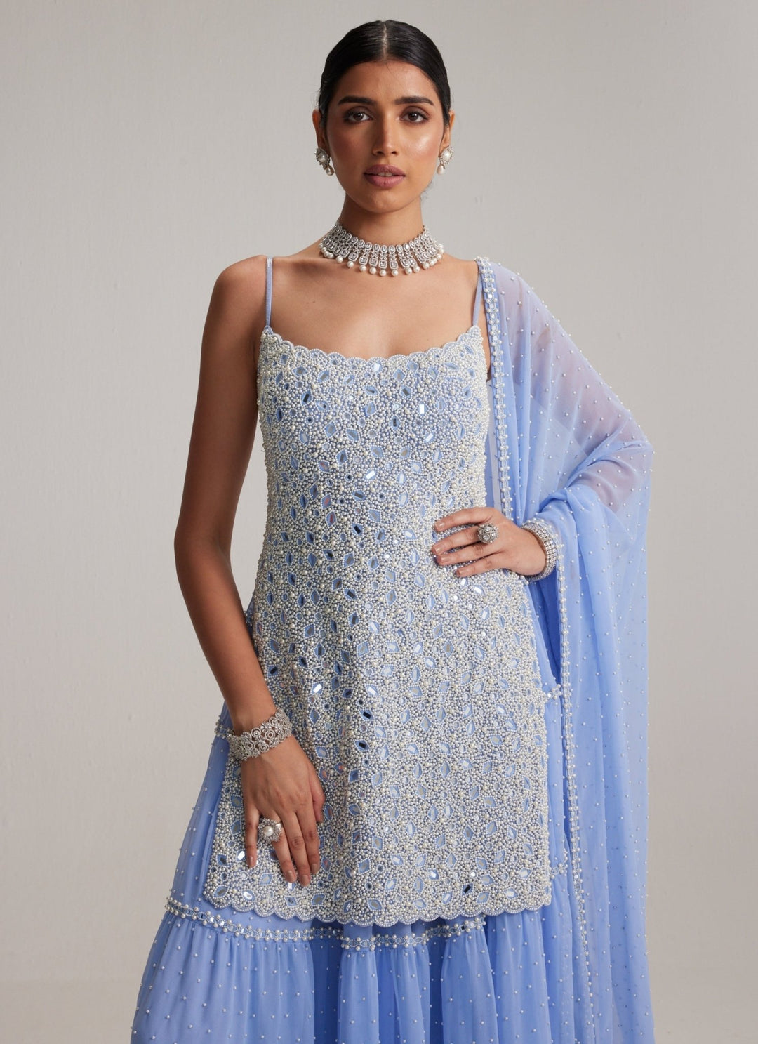 Vvani by Vani Vats Dew Blue Pearl Embroidered Georgette Kurta Sharara SetFabilicious Fashion