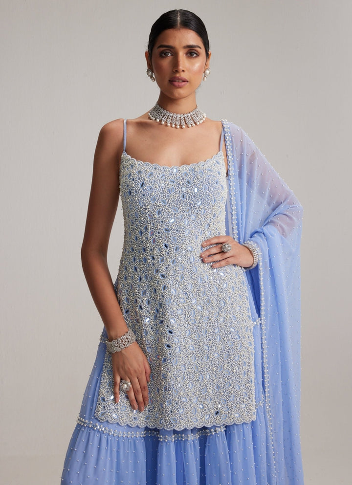 Vvani by Vani Vats Dew Blue Pearl Embroidered Georgette Kurta Sharara SetFabilicious Fashion
