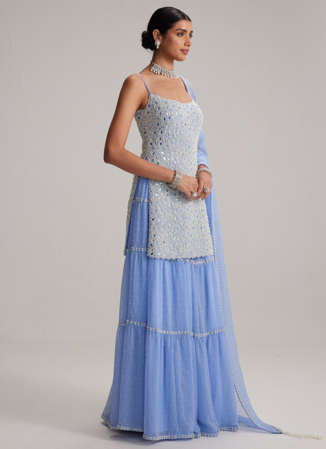 Vvani by Vani Vats Dew Blue Pearl Embroidered Georgette Kurta Sharara SetFabilicious Fashion