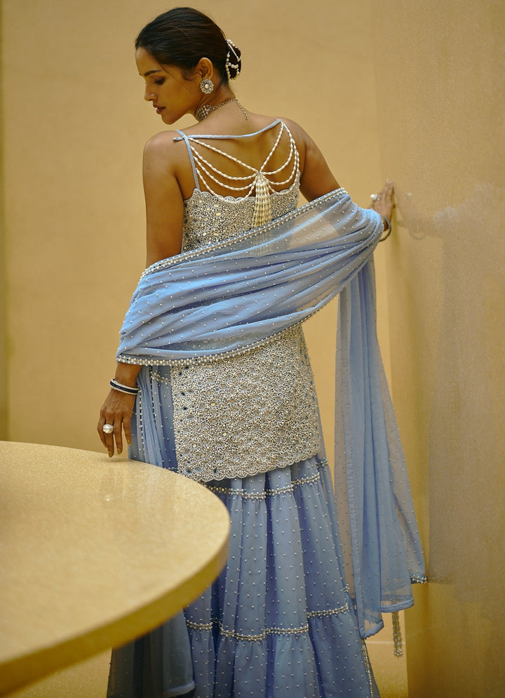 Dew Blue Pearl Embroidered Georgette Kurta Sharara Set Vvani by Vani Vats - Fabilicious Fashion
